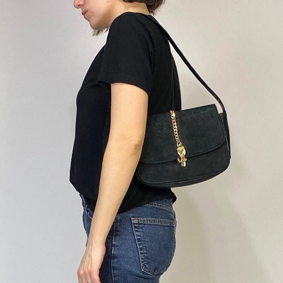 Vintage 60s Black SUEDE Leather CHAIN Detail Shoulder Bag! - Picture 3 of 9